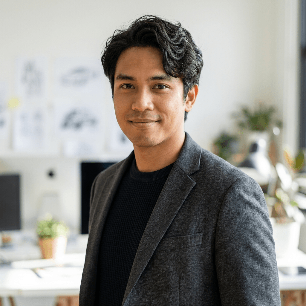 Marcus Chen smiling in a casual blazer in a sunlit creative studio