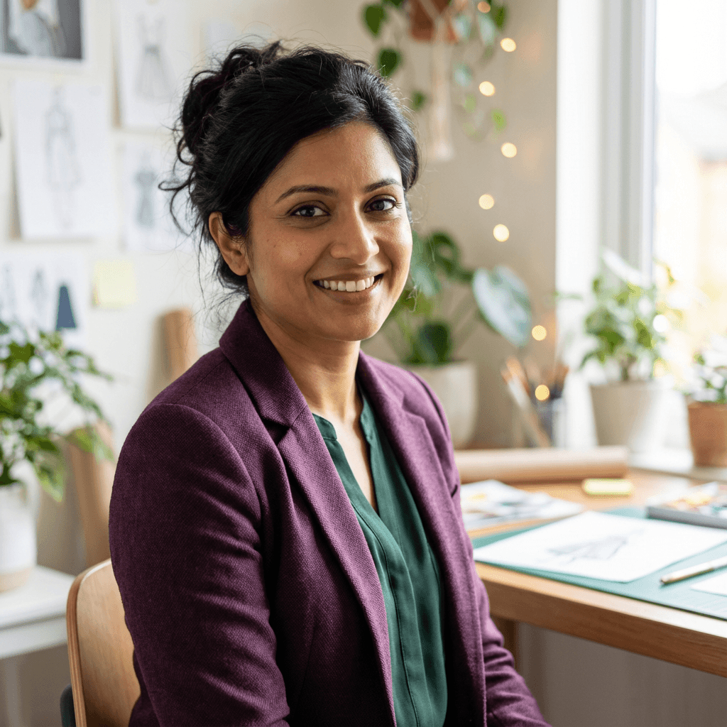 Female creative studio founder in her early 30s, South Asian, in a bright studio