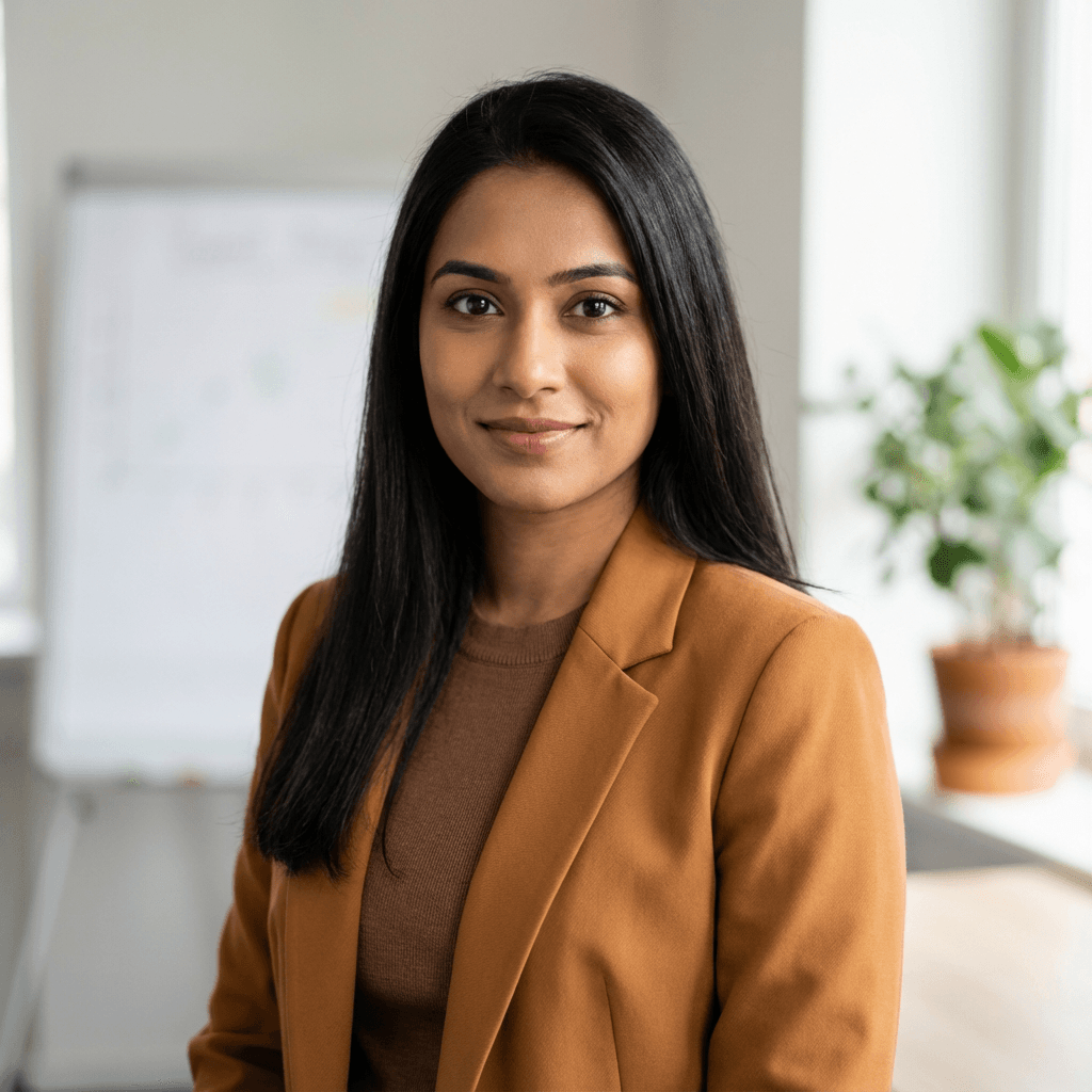 Priya Sharma in a professional blazer, confident expression