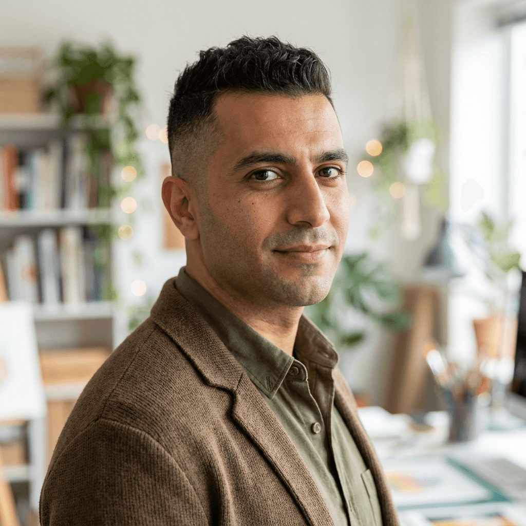Founder of Punch Media Management in a bright Toronto studio space