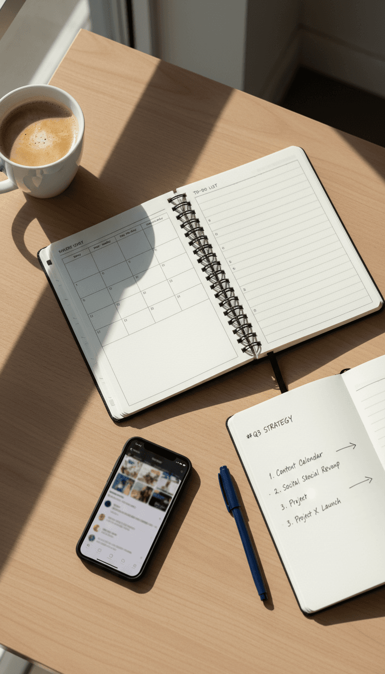 Workspace with planner and phone showing organized social media strategy