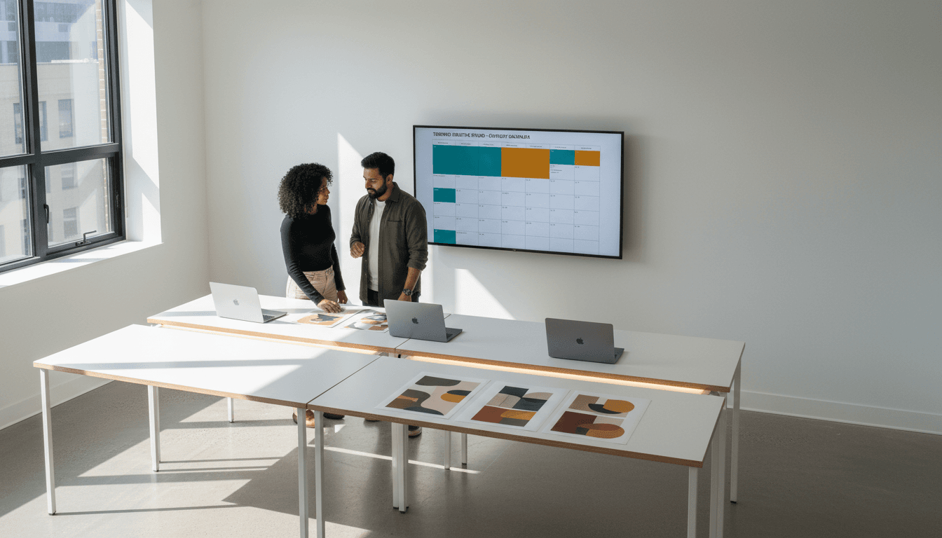 Media team reviewing a content calendar in a Toronto studio
