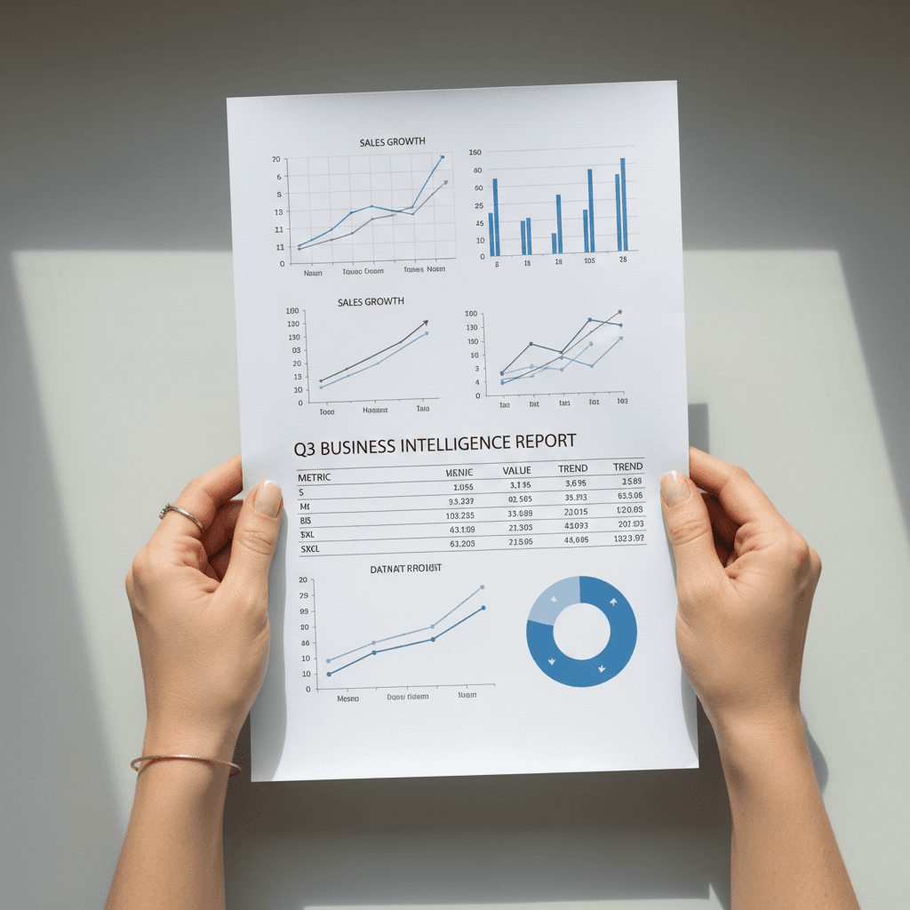 Hands holding a printed analytics report