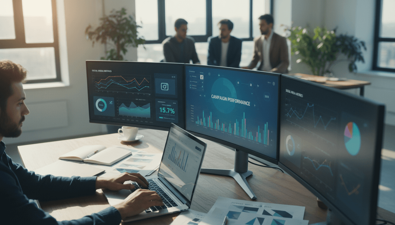 Media strategist reviewing performance dashboard
