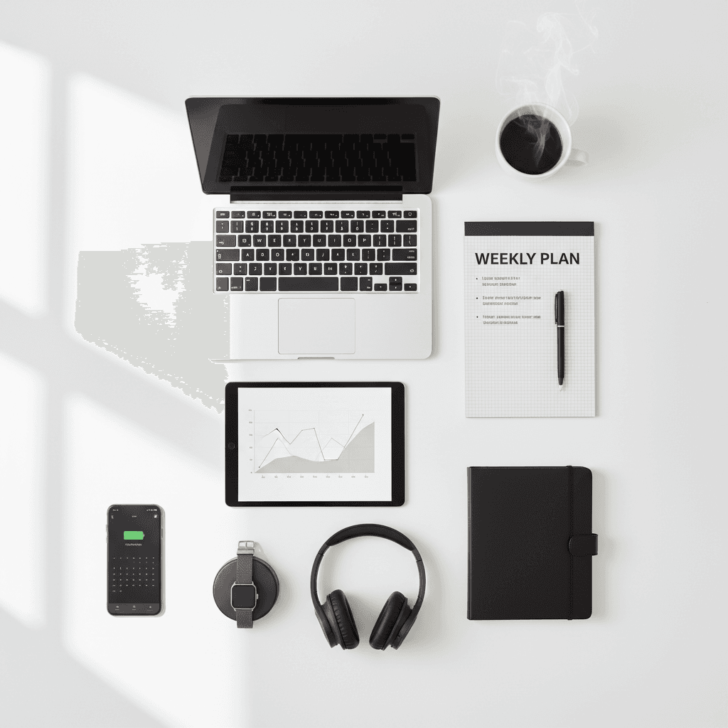 Neatly organized workspace with a laptop and notebook